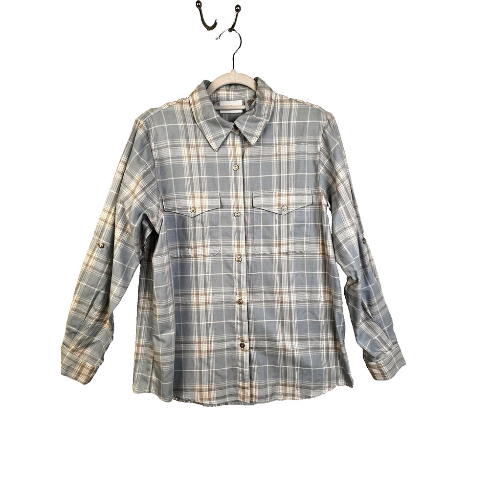 Alfred Dunner Shirt Women 12 Blue Whire Plaid Metallic Western Casual Work
